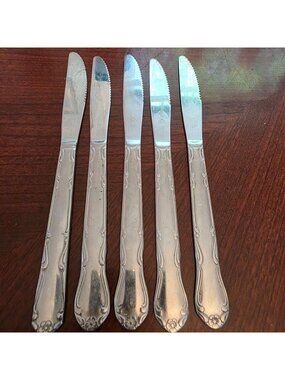 Set Of 5 Delco Stainless Steel Floral Handle Vintage Serrated Knives Japan